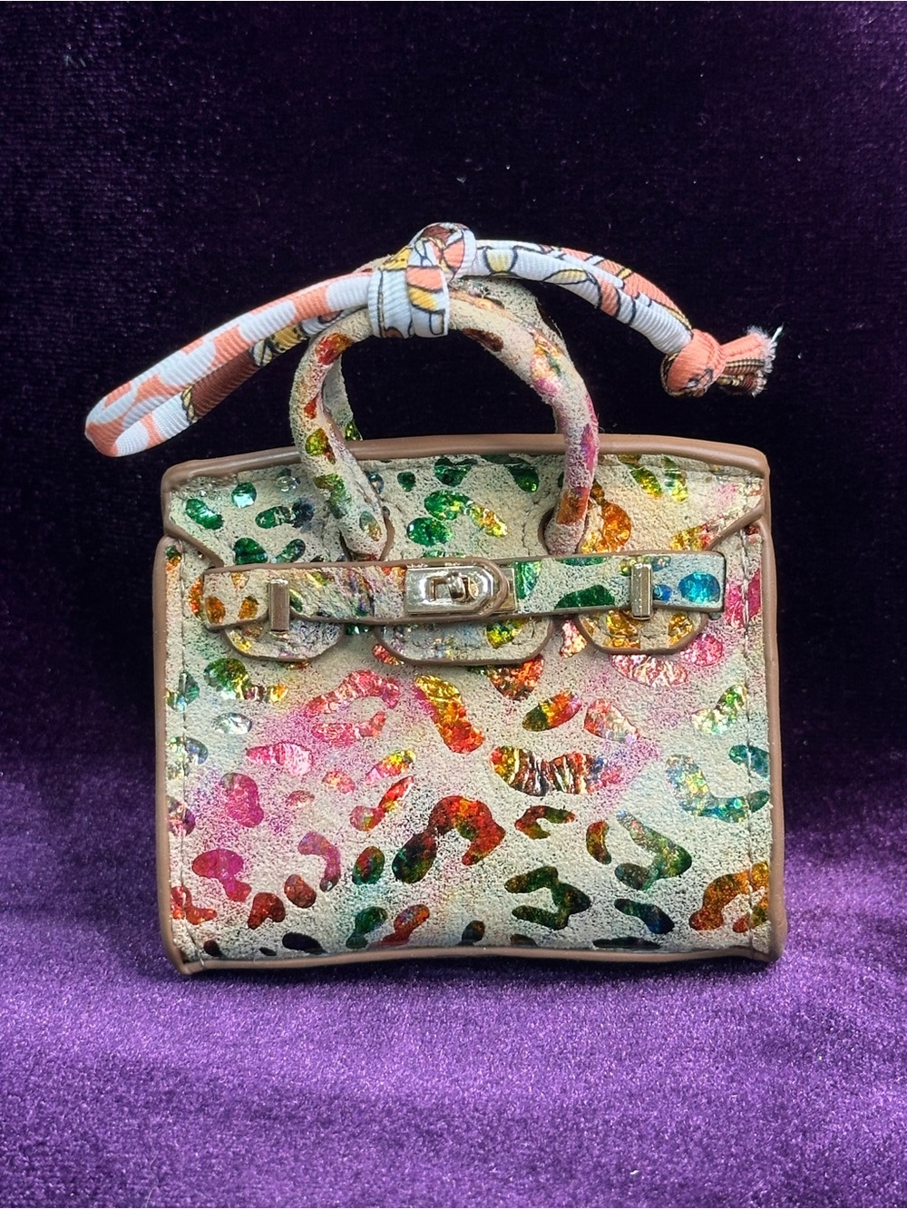 Rainbow Sequin Leopard Mini Bag Charm w/ Twilly Scarf